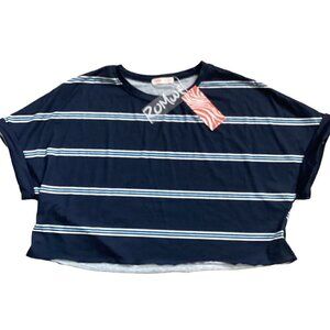 NWT Romwe Sz XL/12 Boxy Relaxed Fit Crop Tee Top Blue & White Striped 173D